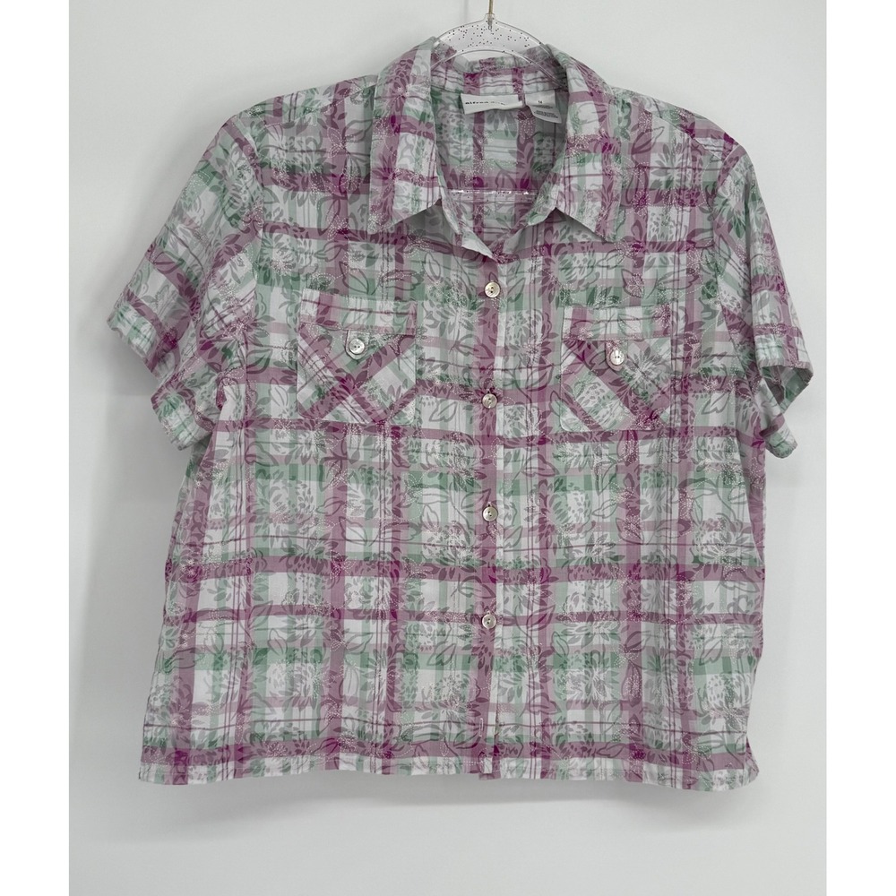 Alfred Dunner Womens Sz 14 Short Slv Plaid Floral Button Upโ Shirt Purple Green